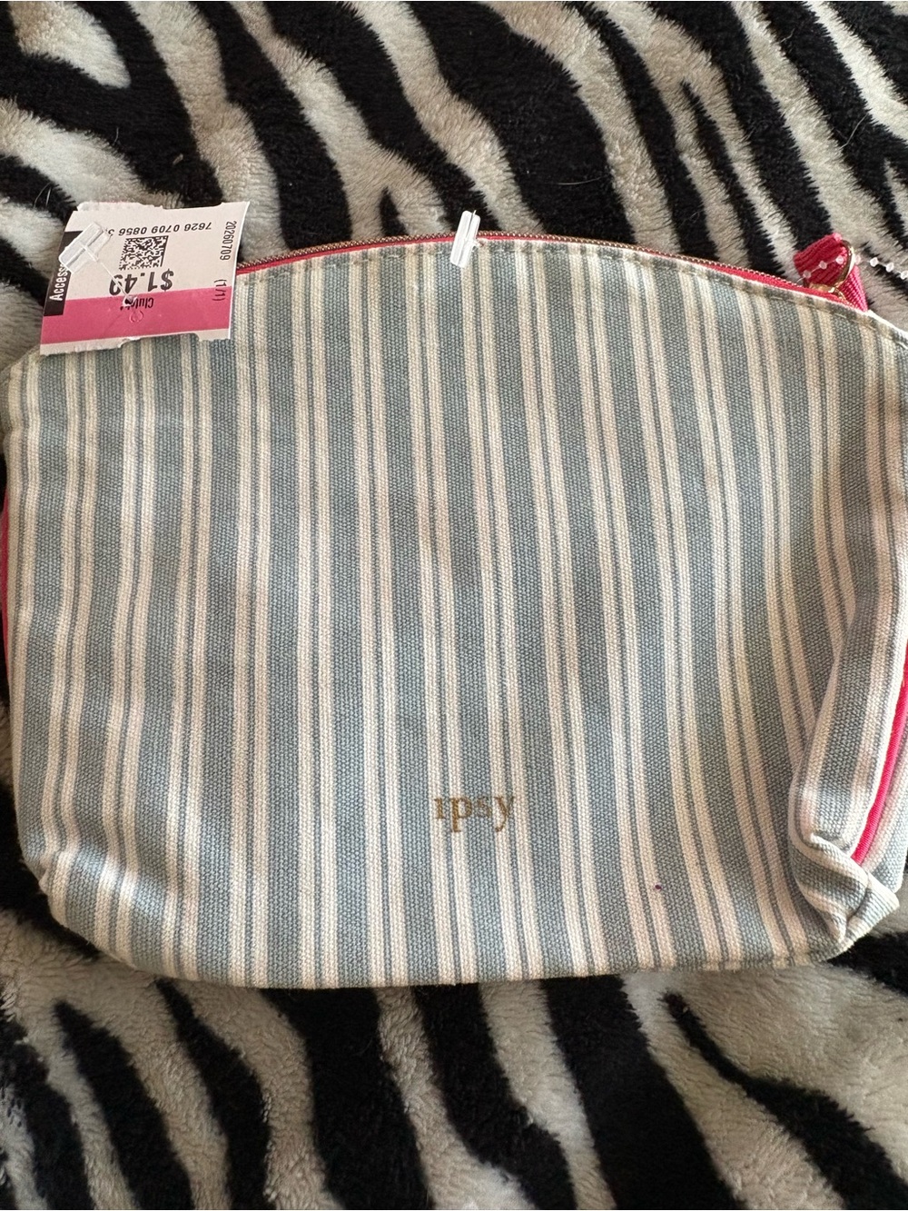 ipsy Blue and White Stripe Cosmetic Pouch with Pink Trim